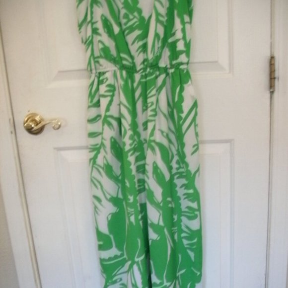 Lilly Pulitzer XS Green and White Palm Print Back Zip Silk Slip Maxi Jumpsuit - Picture 6 of 6